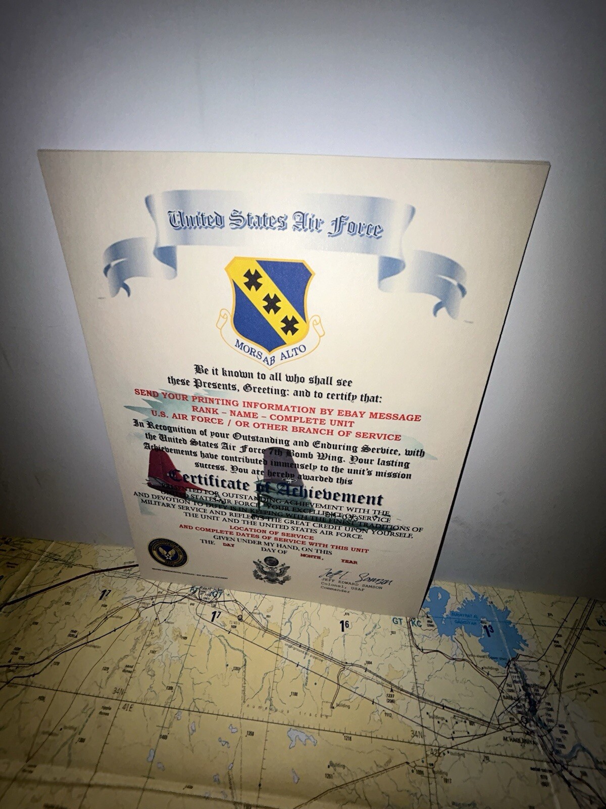 U.S.A.F. / AIR FORCE 7TH BOMB WING - CERTIFICATE OF ACHIEVEMENT