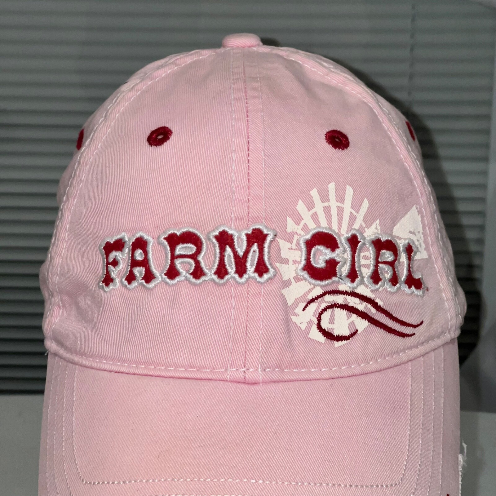 Farm GIrl Distressed Hat Cap Hook Loop Pink with Red/White Accents The Original
