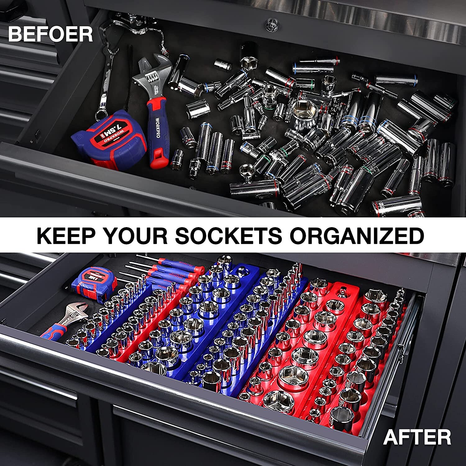 WORKPRO Magnetic Socket Organizer Set 1/4", 3/8" and 1/2" (Socket not Included)