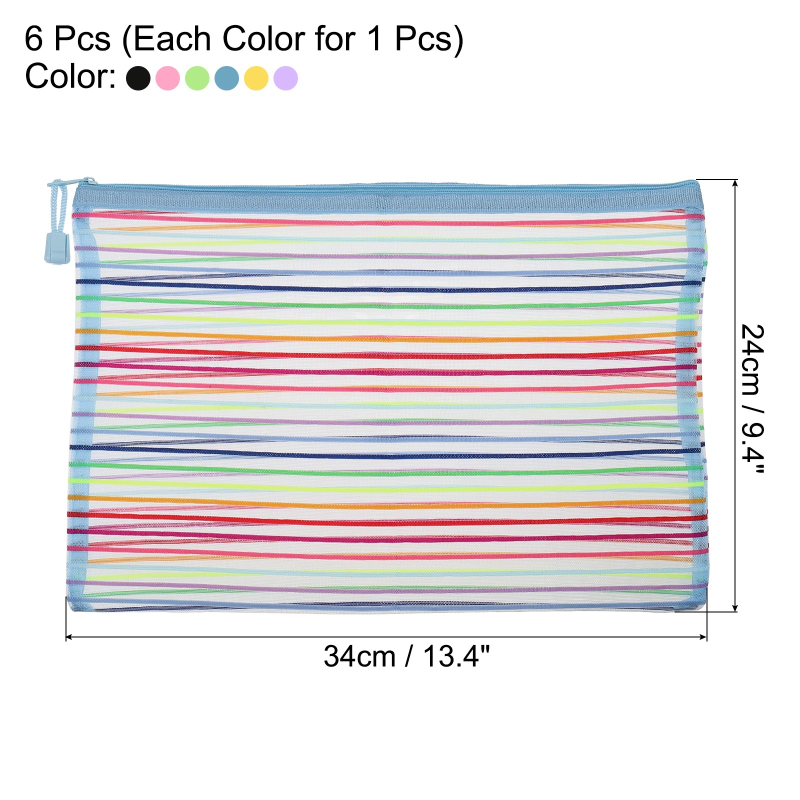 6Pcs A4 Multicolor Mesh Zipper Bags STORAGE Document File Bag