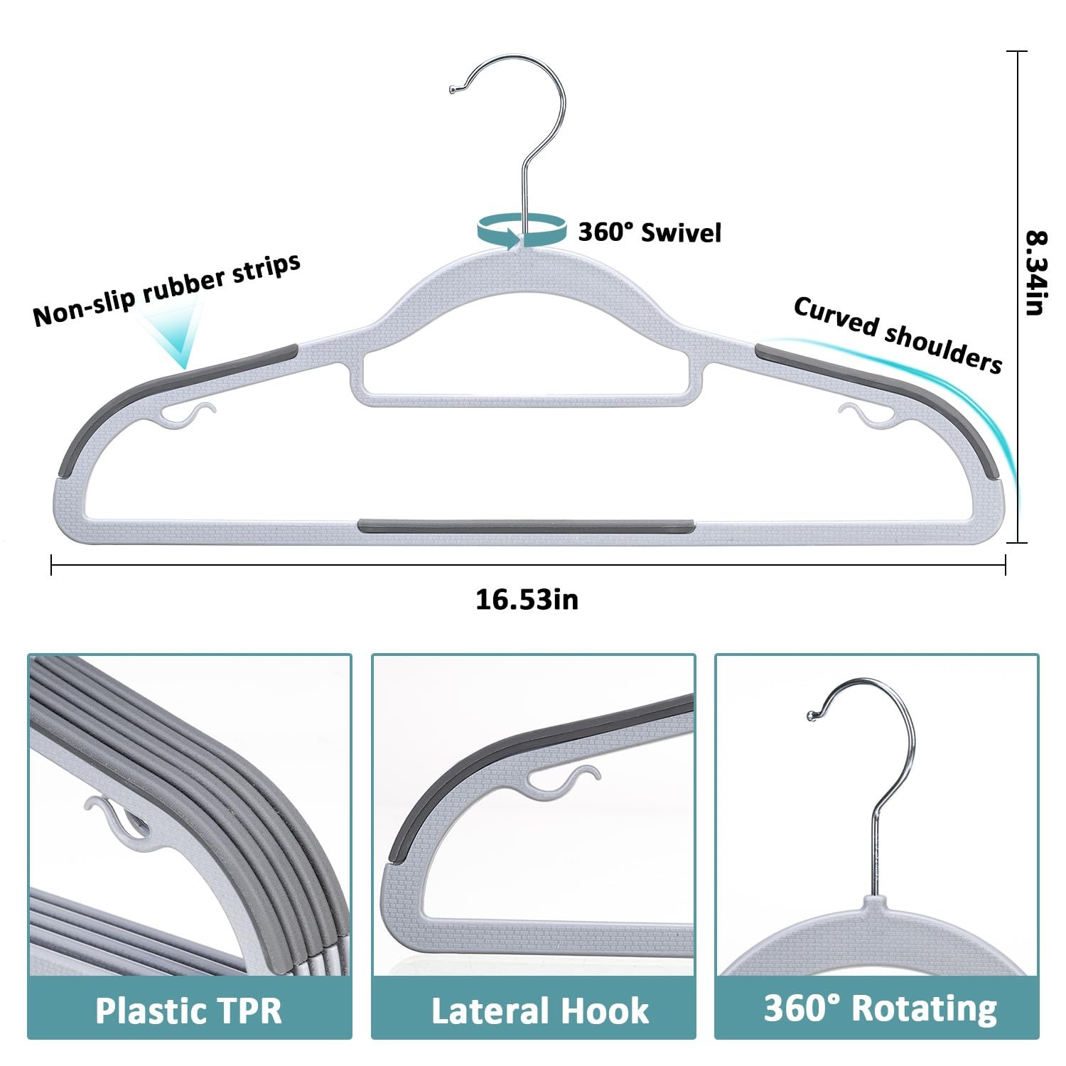 Coat Hangers 30 Pack Light Dark Gray Plastic Non Slip 360 Swivel Hook Slim