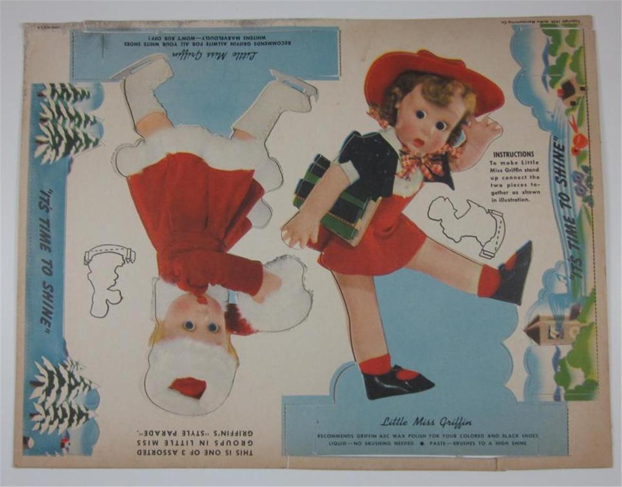 GRIFFIN SHOE POLISH 1939 ADVERTISING PAPER DOLL PUNCH CARD LITTLE MISS GRIFFIN