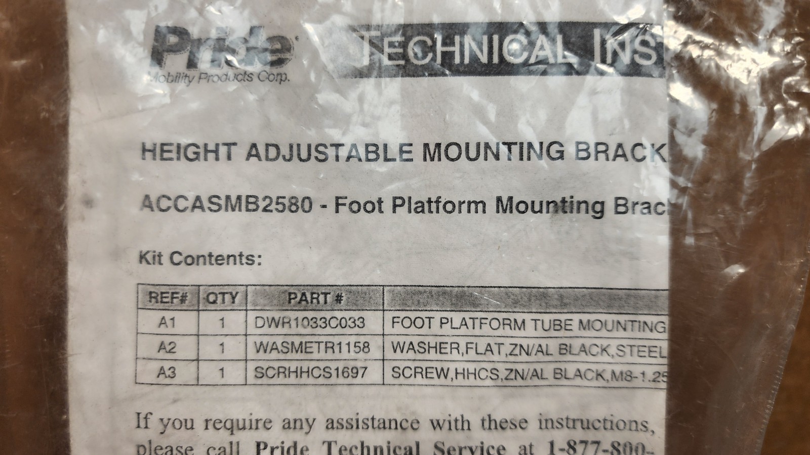 Pride ACCASMB2580 Foot Playform Mounting Bracket