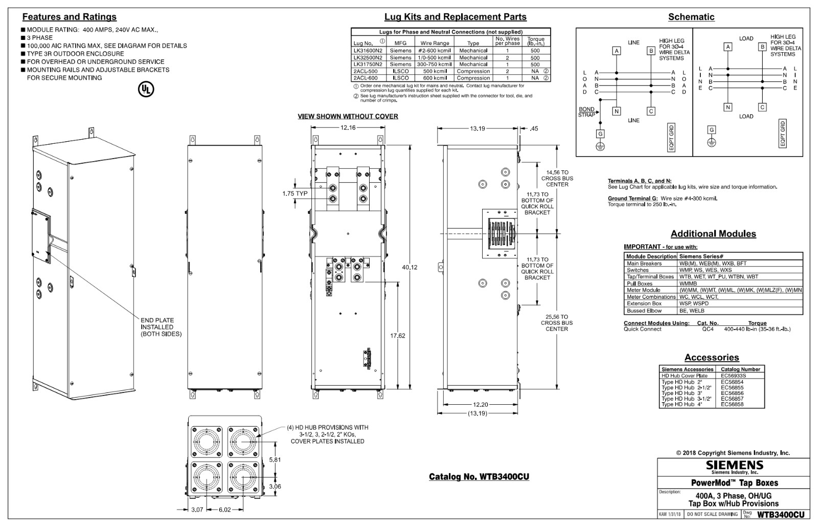 Siemens WTB3400CU Tap Box 400A 3ph Power Mod 120/240V