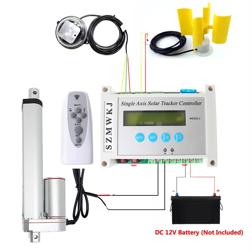 LCD Single Axis Solar Panel Tracker - 12V 12" 1500N Linear Actuator + Anemometer