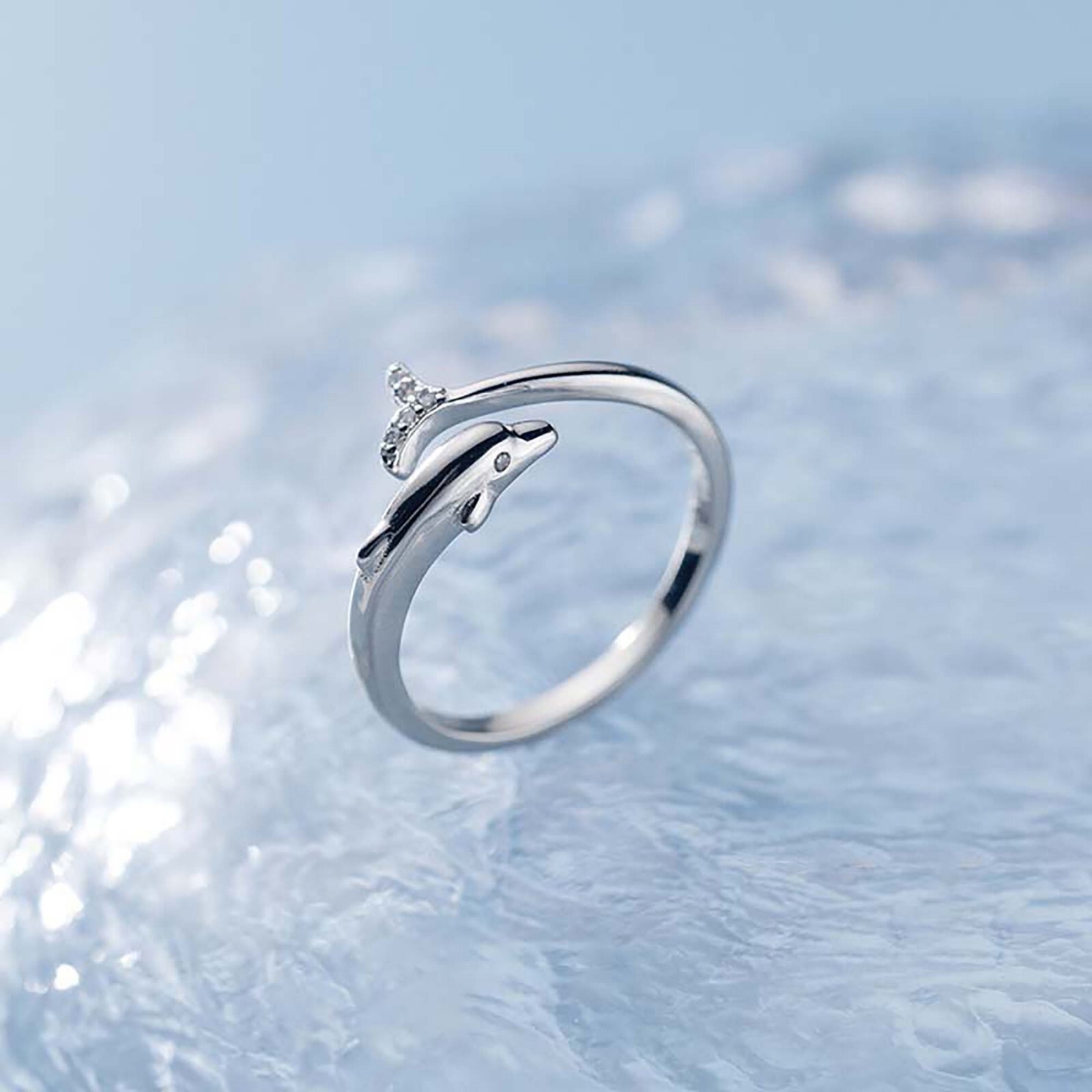 Sterling Silver Dolphin Ring,Dainty Fish Ring for Women Adjustable Open Ring