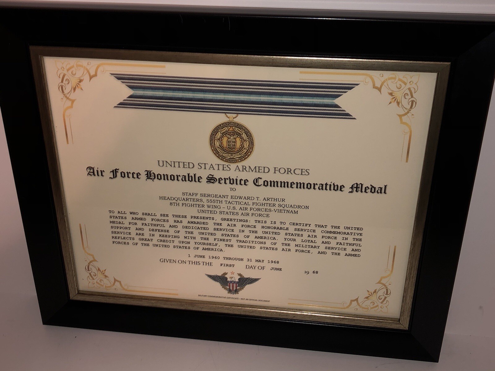 U.S. AIR FORCE HONORABLE SERVICE COMMEMORATIVE MEDAL CERTIFICATE ~ Type 1