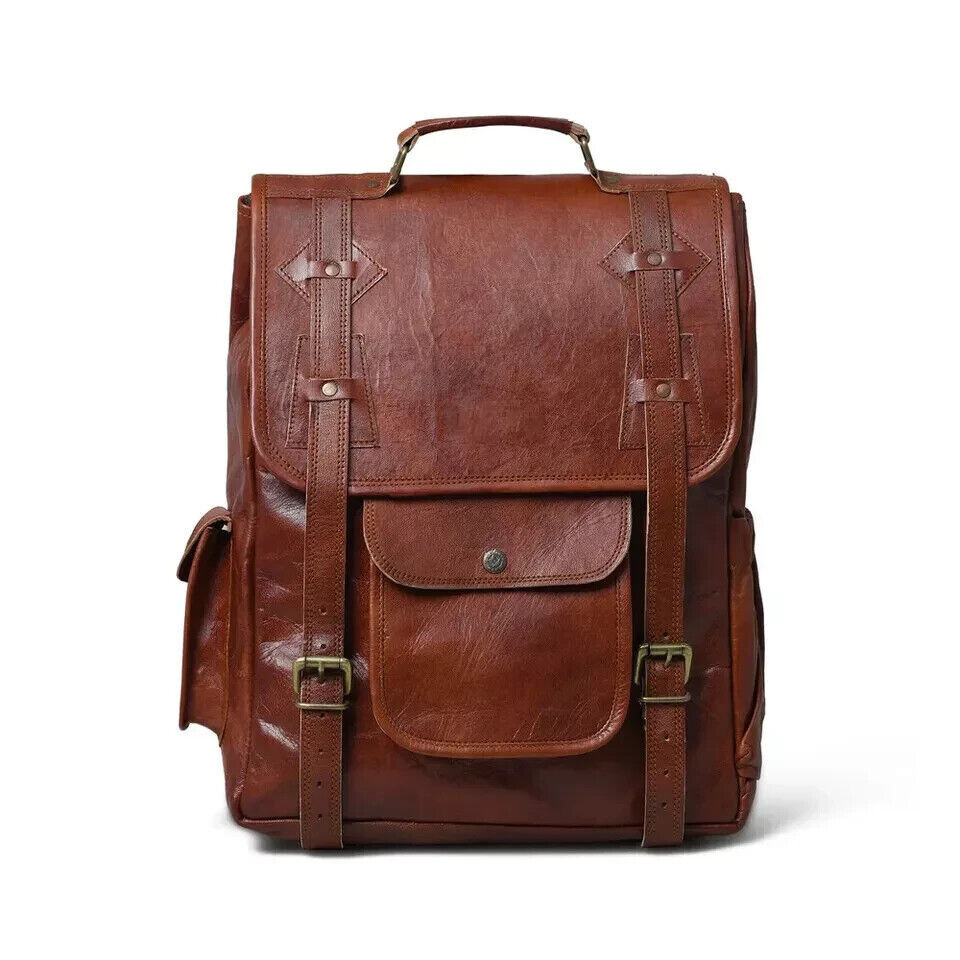Men's Handmade Vintage Genuine Goat Leather Backpack Rucksack Travel Bag Unisex