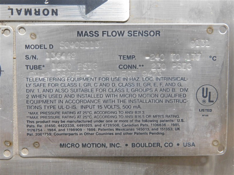 USED Micro Motion DS040S113 Mass Flow Sensor 1/2" 150# 05849 Meter Factor