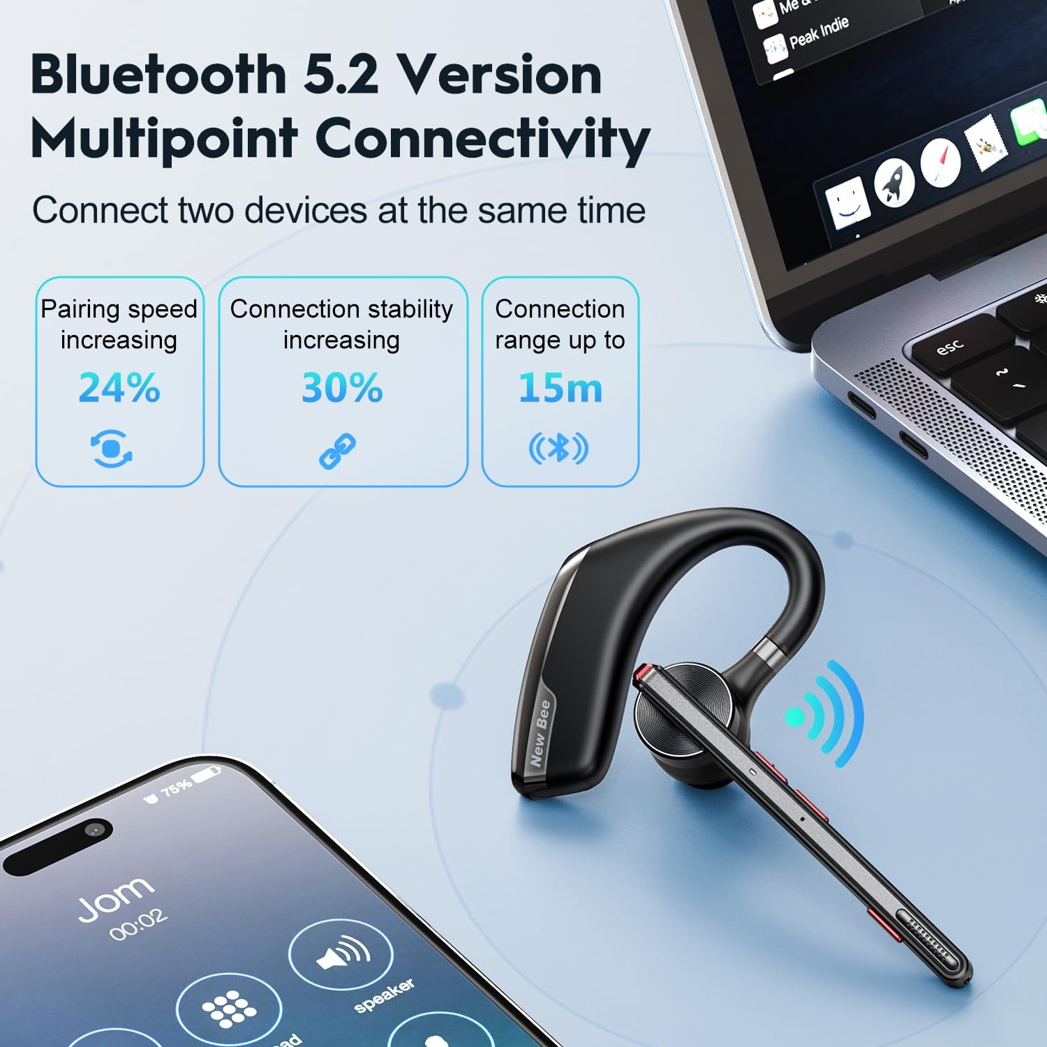 New bee Bluetooth Headset Wireless Earpiece for 1 PACK Black