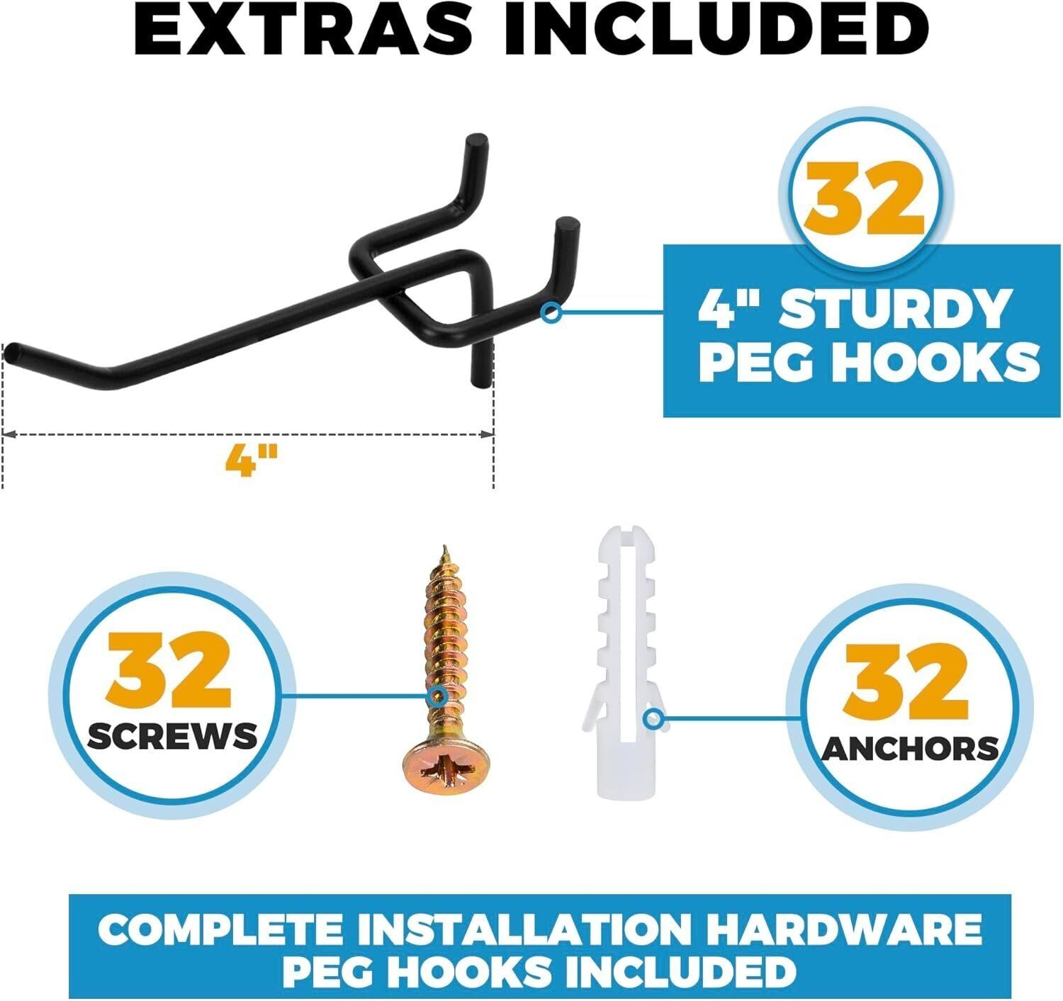 Heavy Duty 4-Panel Pegboard Wall Organizer With 32 Peg Hooks Panels Garage Tool
