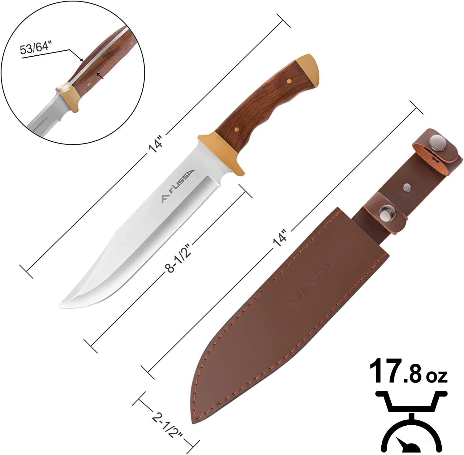 Flissa 14-inch Bowie Knife Full-tang Wood Handle Leather Sheath Stainless Steel