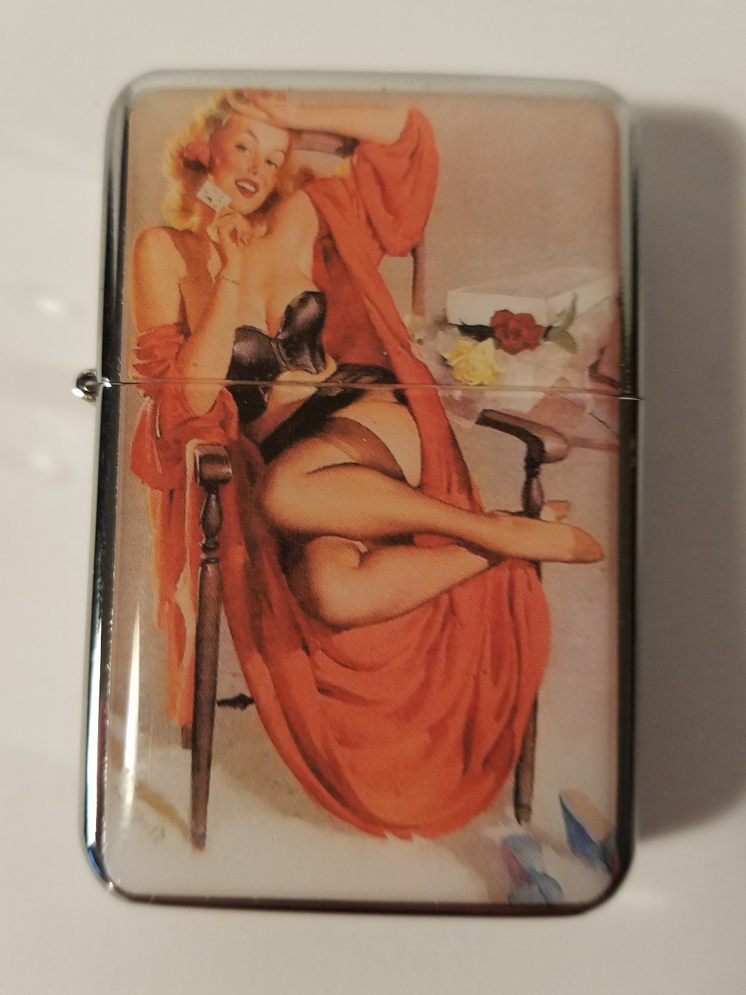 girl on chair  chrome  oil lighter wind poof new
