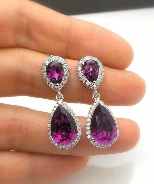 4.50Ct Pear Cut Lab Created Amethyst Drop/Dangle Earrings 14K White Gold Plated