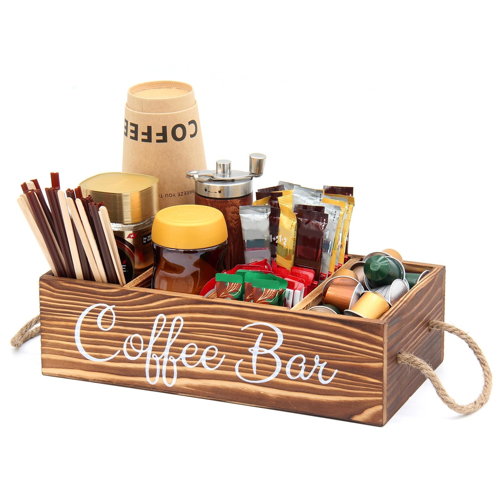 Wooden Coffee Bar Organizer Countertop Coffee Station Accessories Storage Bas...