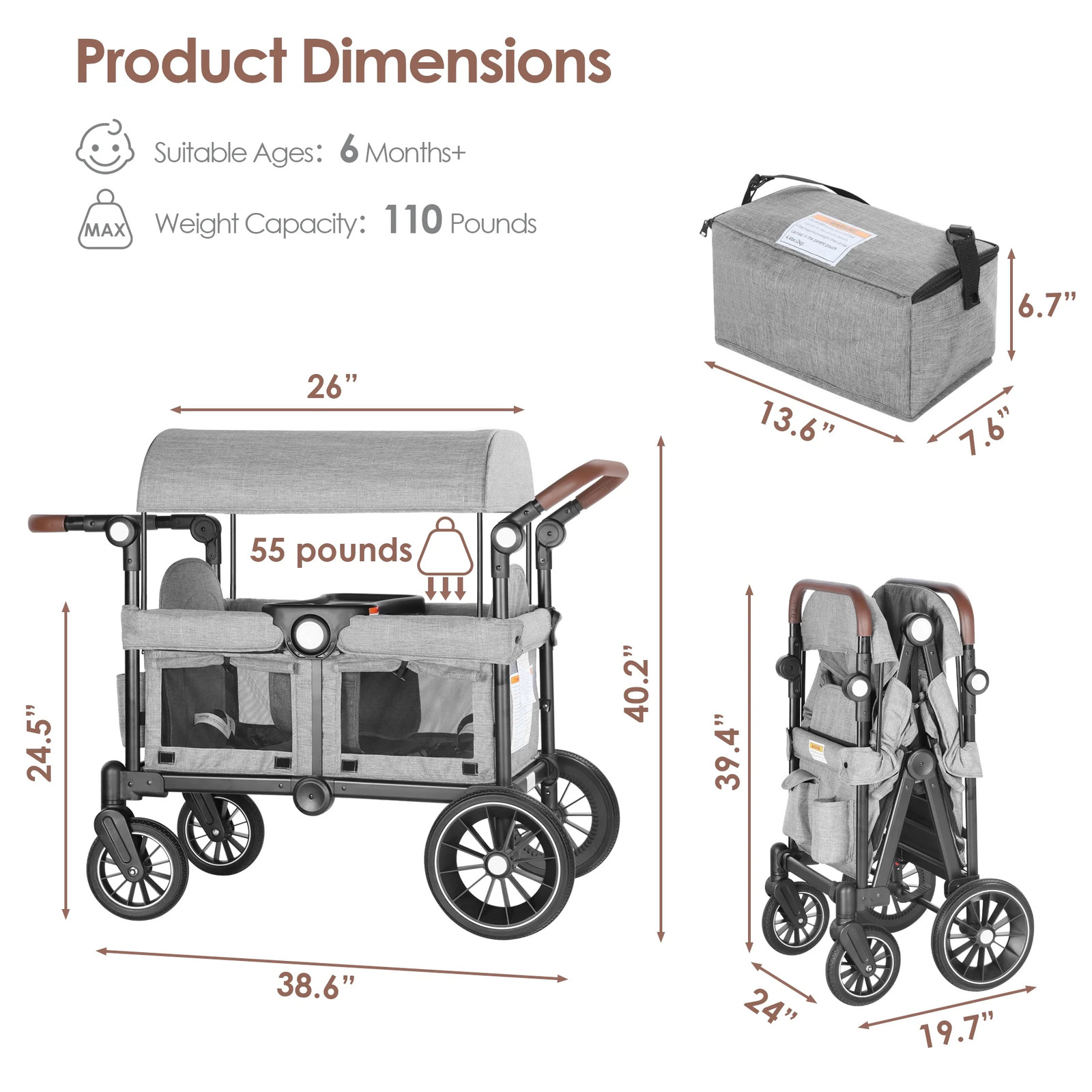 Collapsible Wagon Stroller for 2 Toddlers with Adjustable Canopy, 44 Pounds, ...