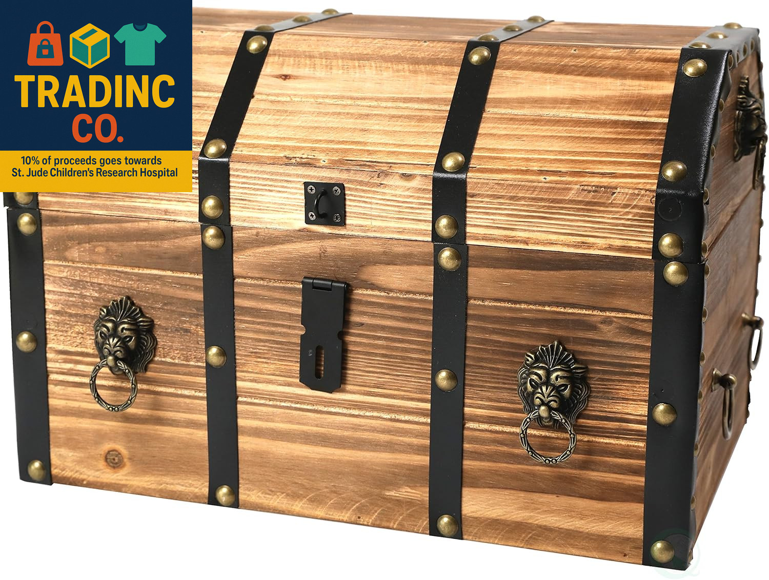 Wooden Treasure Chest Trunk Vintage-Style Storage Box with Leather Straps Brass