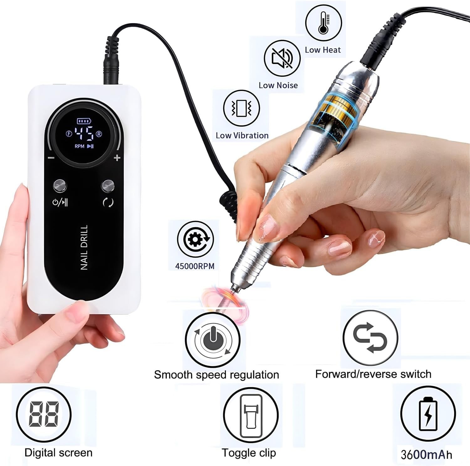 Taladro eléctrico de uñas de 45000 RPM, recargable, portátil, con lima de uñas,