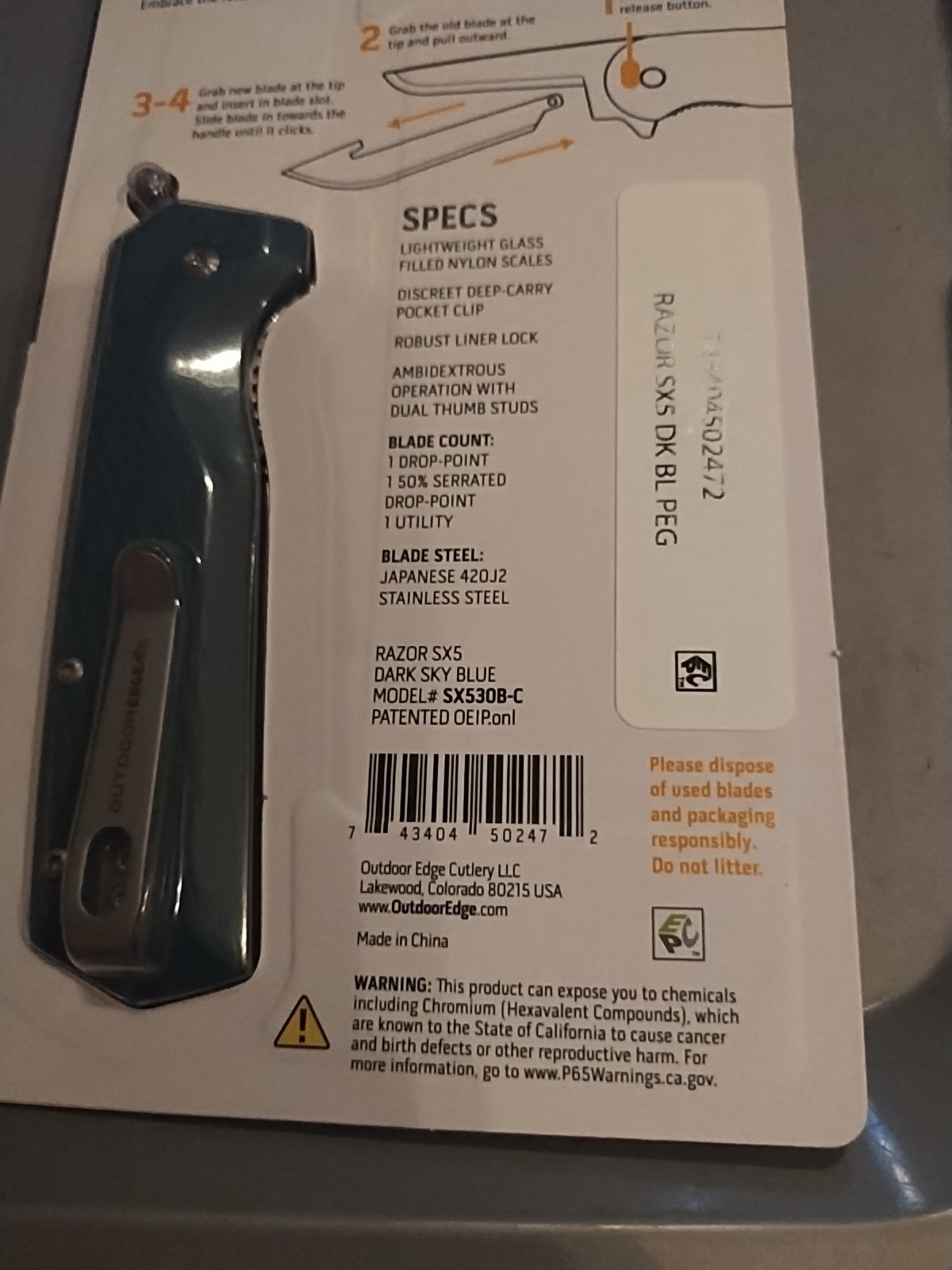 Outdoor Edge Razor SX5 Folding Knife 3 Replaceable Blades GFN Handle Linerlock
