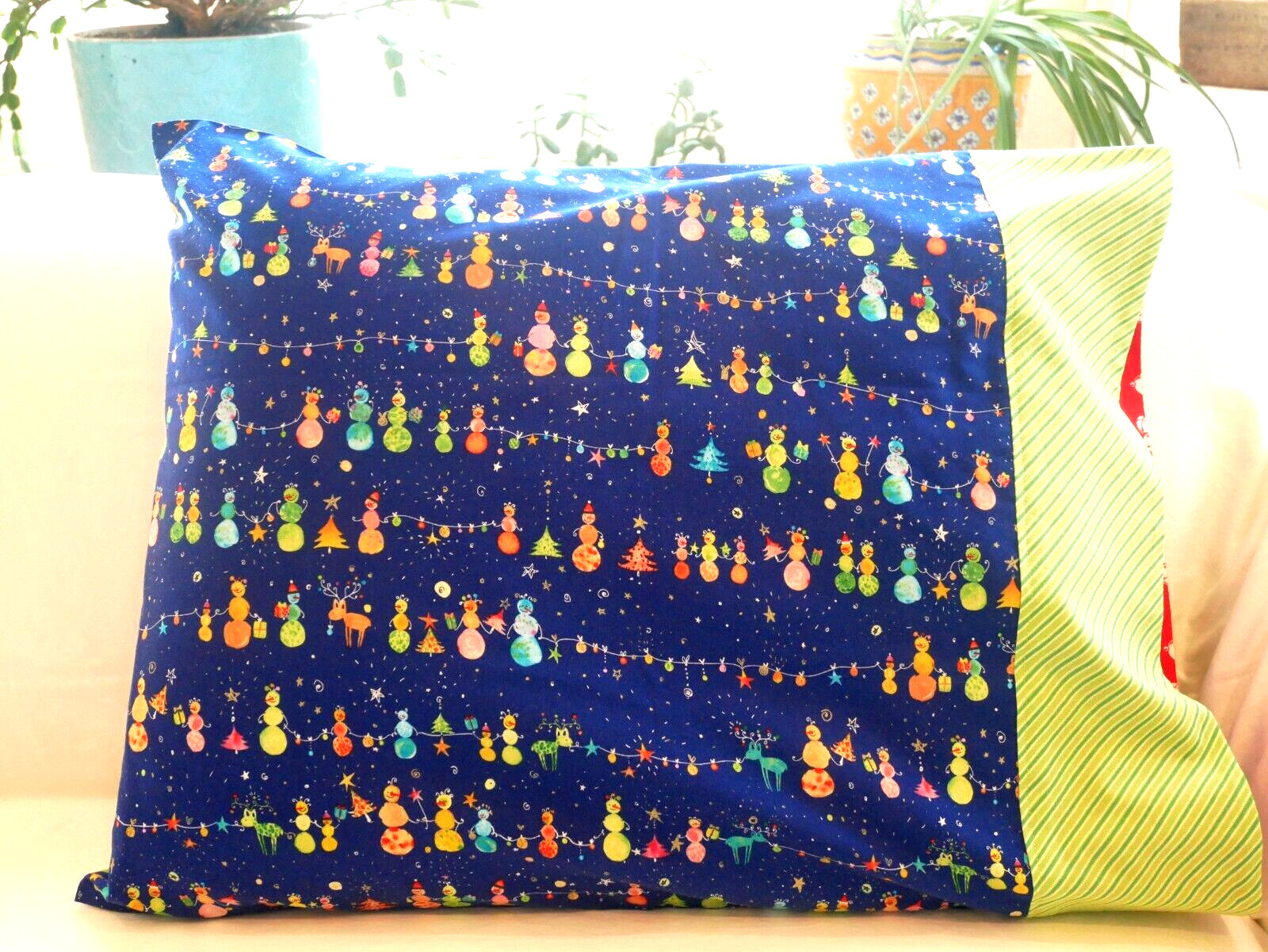 Handmade Set Of Standard Size Pillowcases:  Snowmen with Lights
