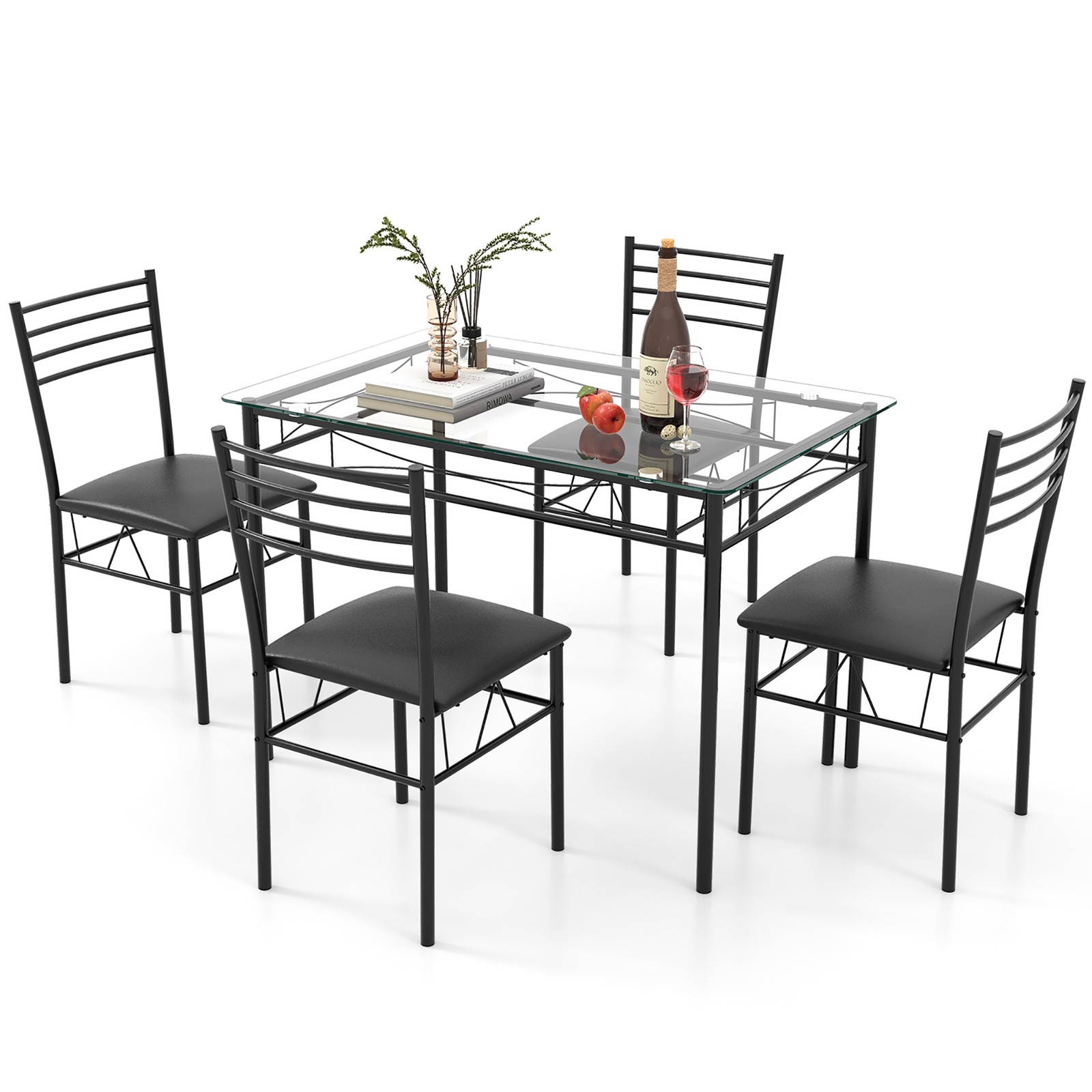 5 PC Dining Set Glass Top Table and 4 Chairs Kitchen Room Furniture