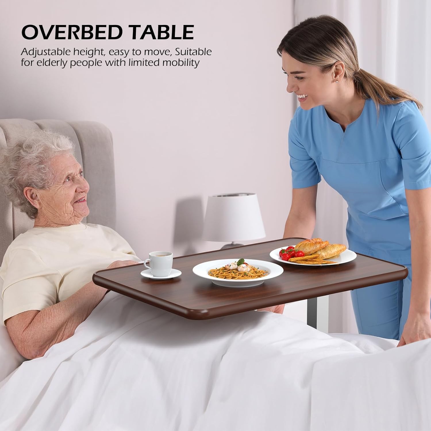 Adjustable Overbed Table with Wheels, Bedside Rolling Table, Pneumatic Height Ad