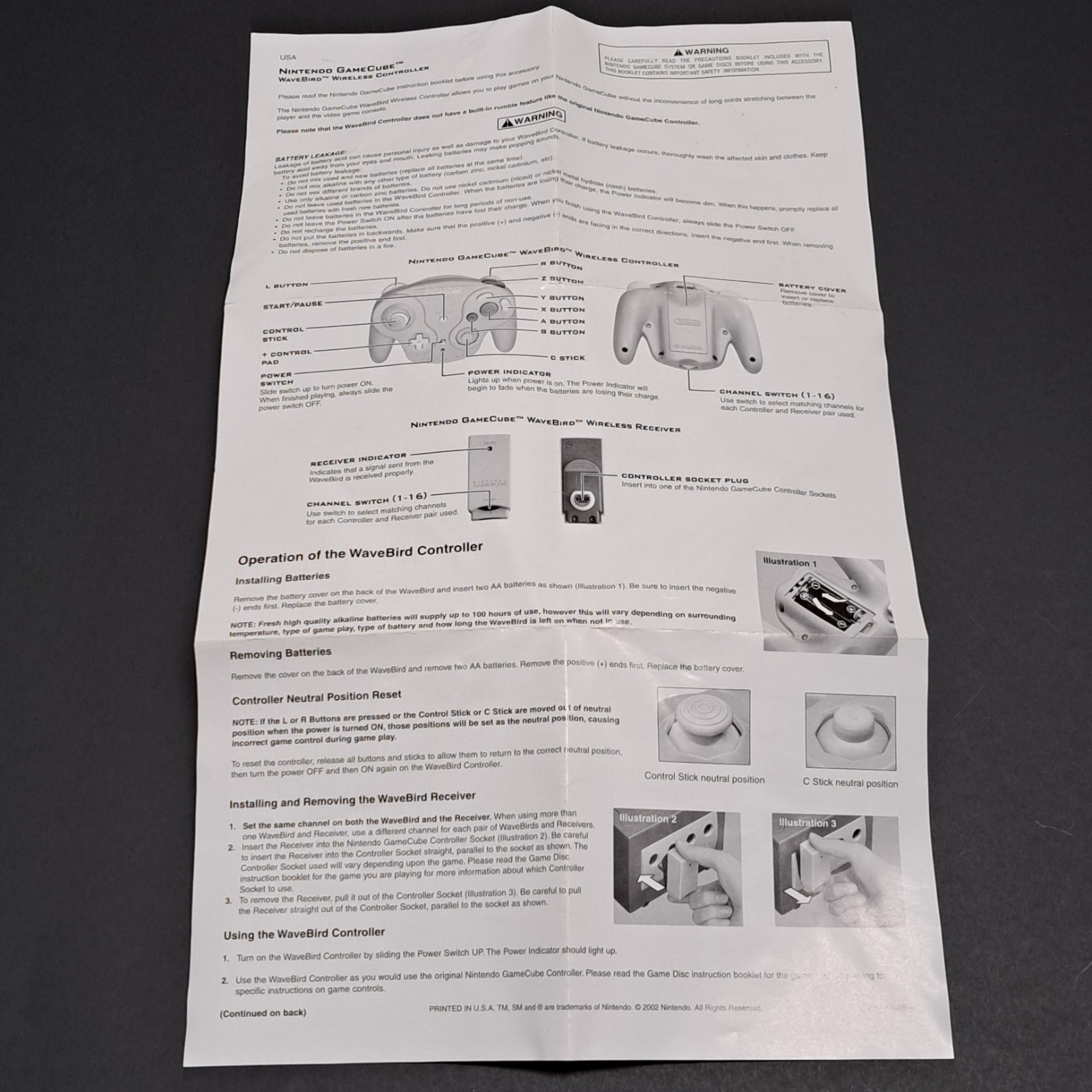2002 Nintendo GameCube Wavebird Wireless Controller Instruction Booklet Only