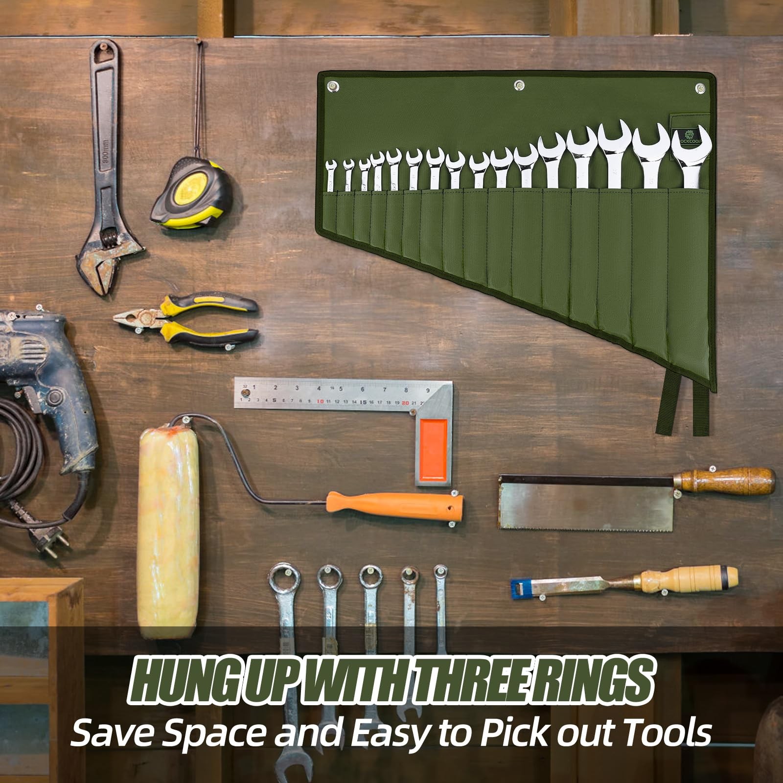 ROCKCOON Wrench Roll Organizer 16 Pockets, Small to Medium, Green