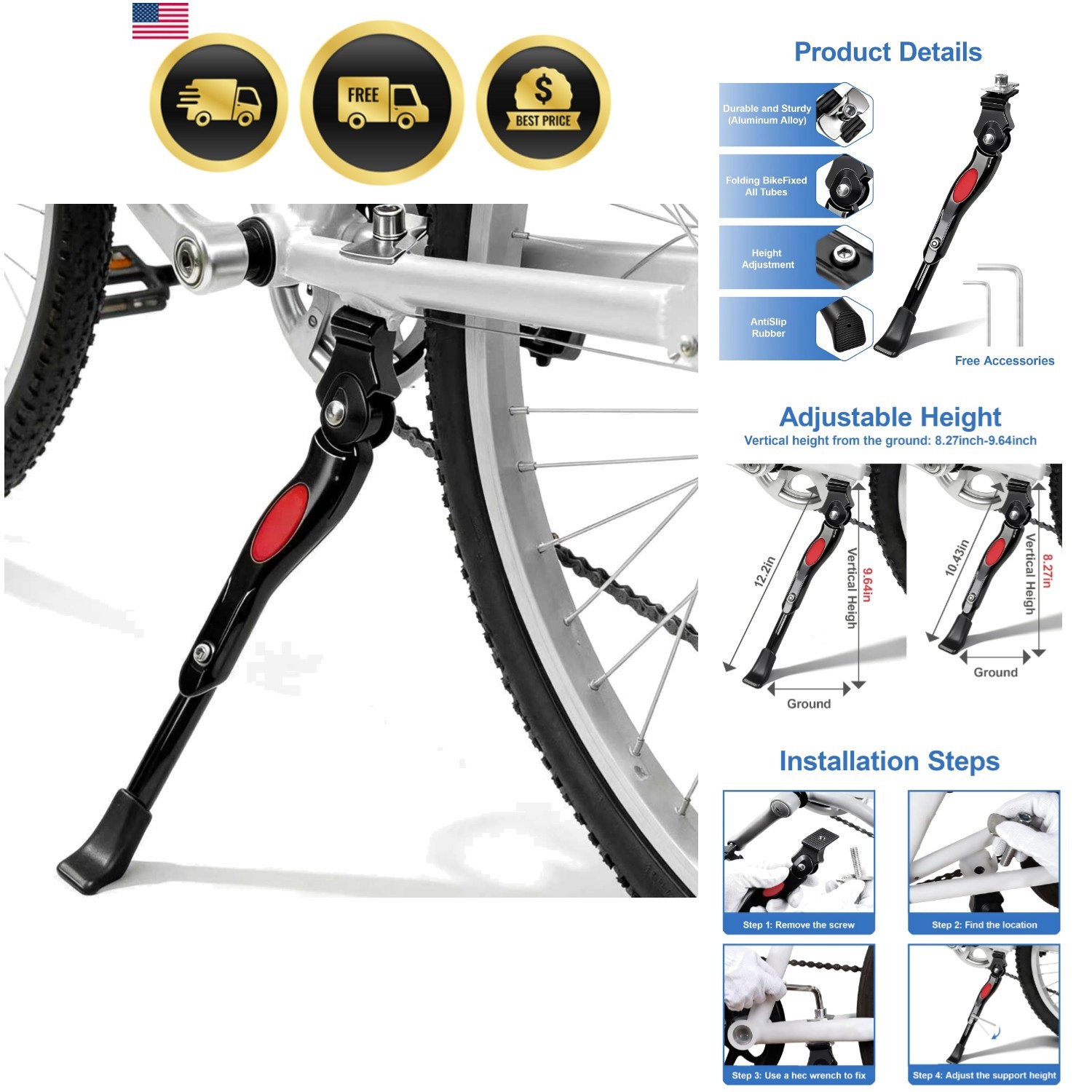 Kickstand for Kids Bike, Adjustable  Bike Kickstand for 16 18 20 Inch Wheels,...