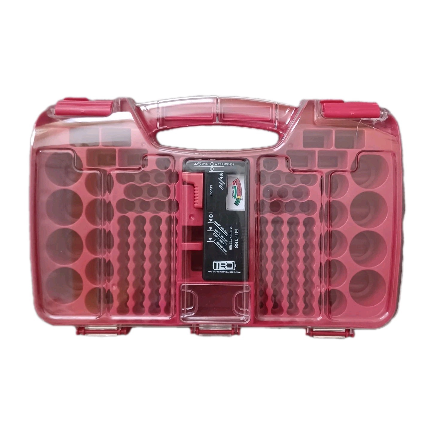 Battery Organizer Storage Case with Tester Holds 114 Batteries Clear Hinged