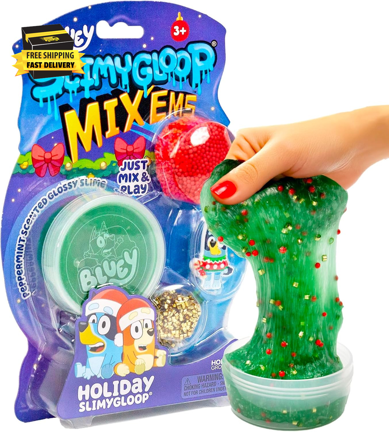 Bluey Holiday SLIMYGLOOP Mix’Ems, Peppermint-Scented Glossy Slime, 3 Fun Slime A