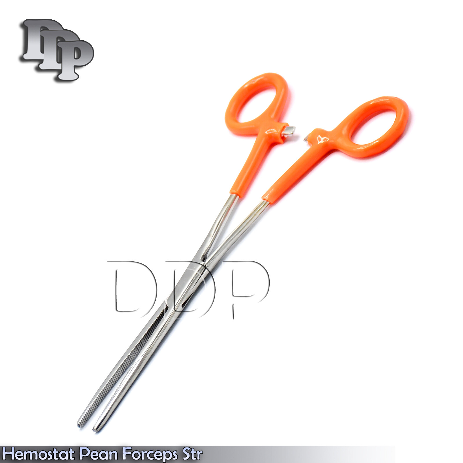Hemostat Forceps Orange Vinyl Grip Handle Straight Stainless Steel Serrated 8"