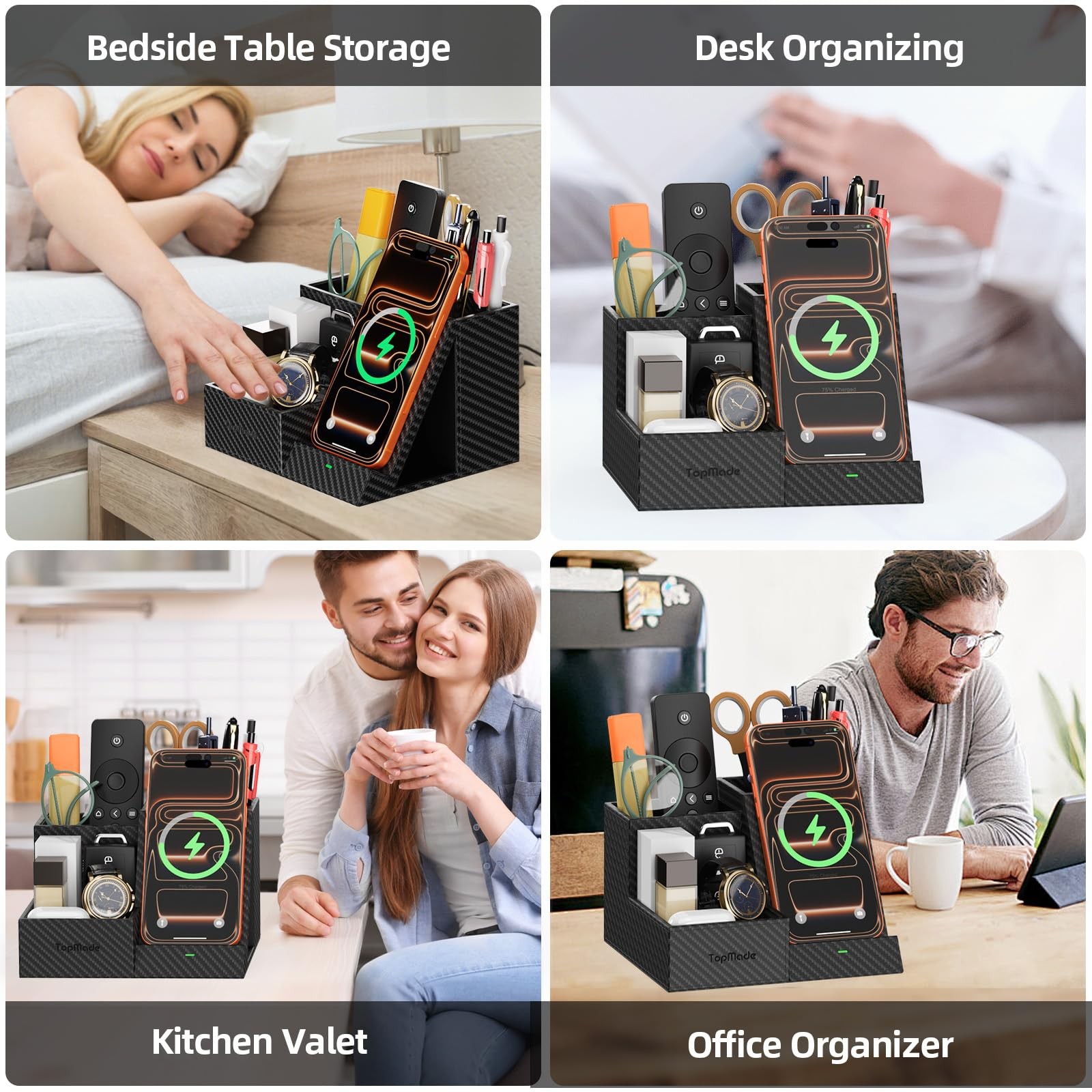 Wireless Charger Nightstand Organizer, Multi-Functional Pen/Pencil/Remote Hol...