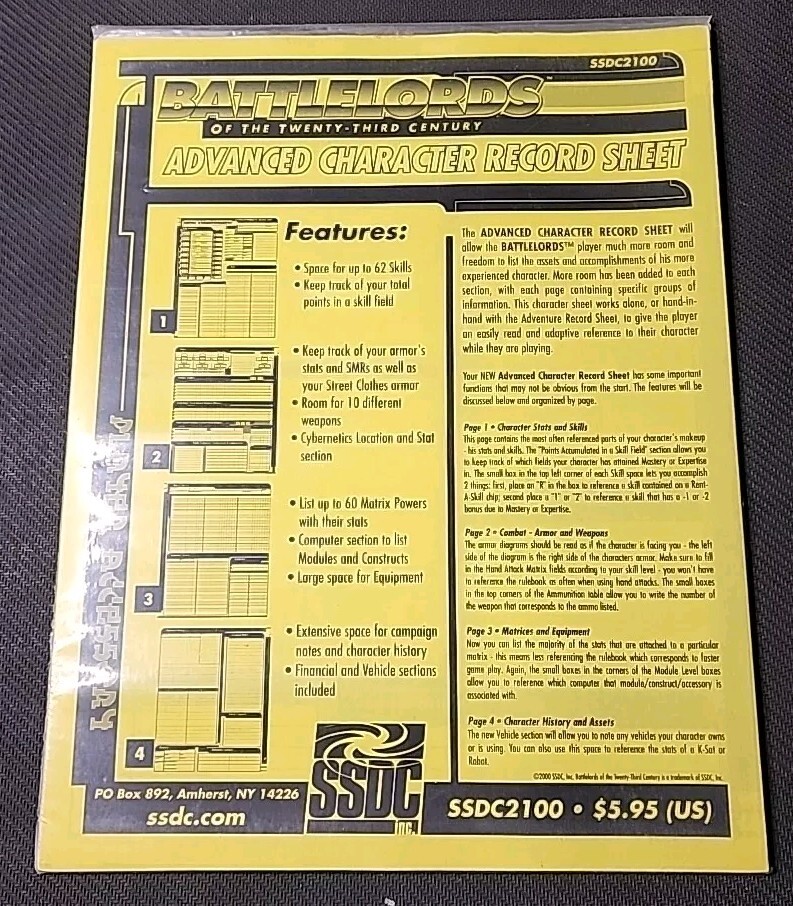 Battlelords of the 23rd Century RPG Advanced character record sheet NOS