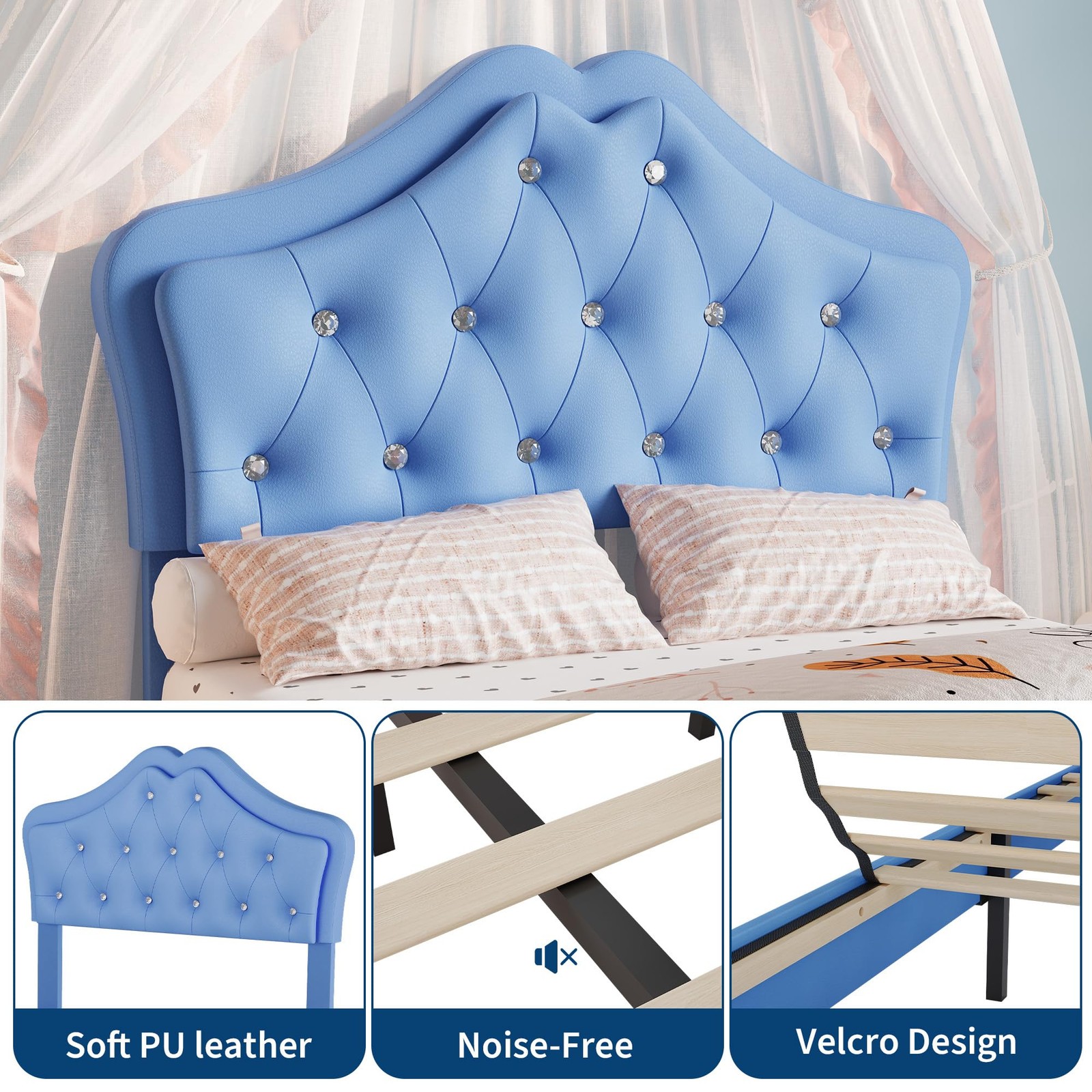 Twin Size Bed Frame w/Velvet Crystal Button Headboard & LED Light Platform ,Blue