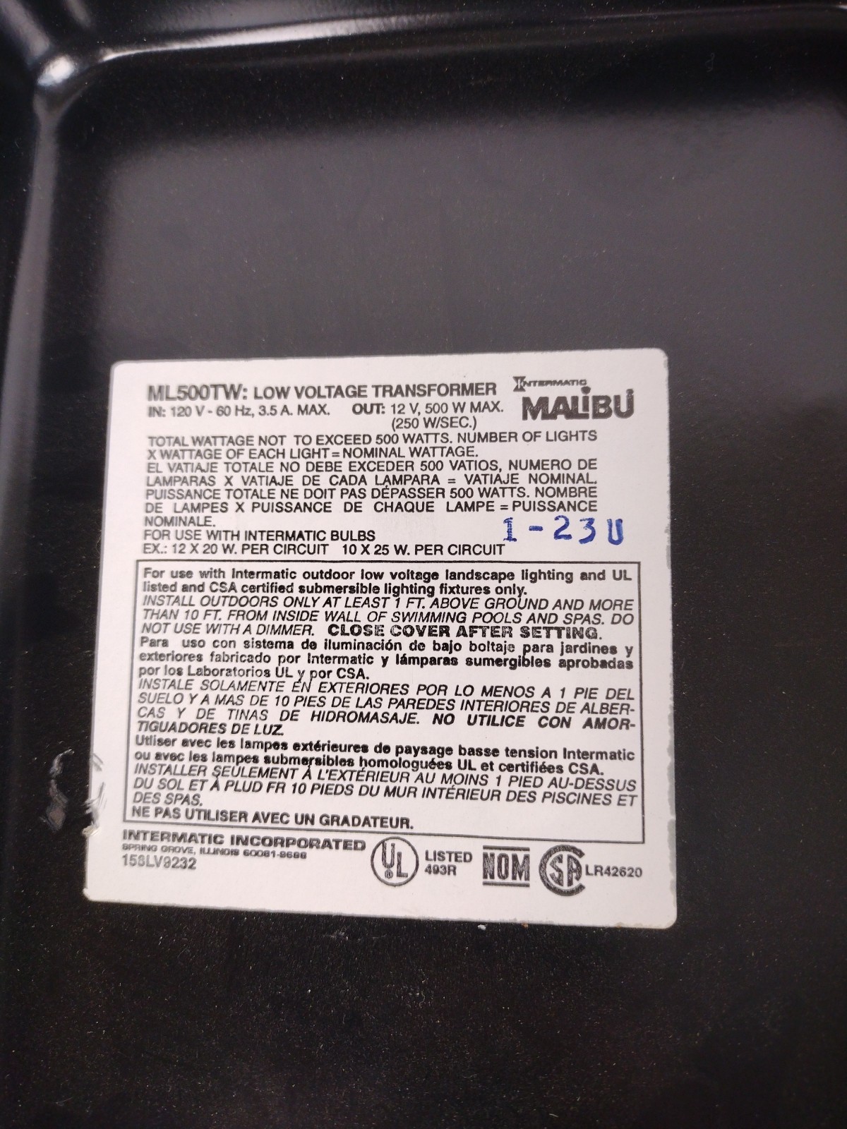 Intermatic Malibu 500 Watt Power Pack Low Voltage Transformer ML500TW Untested