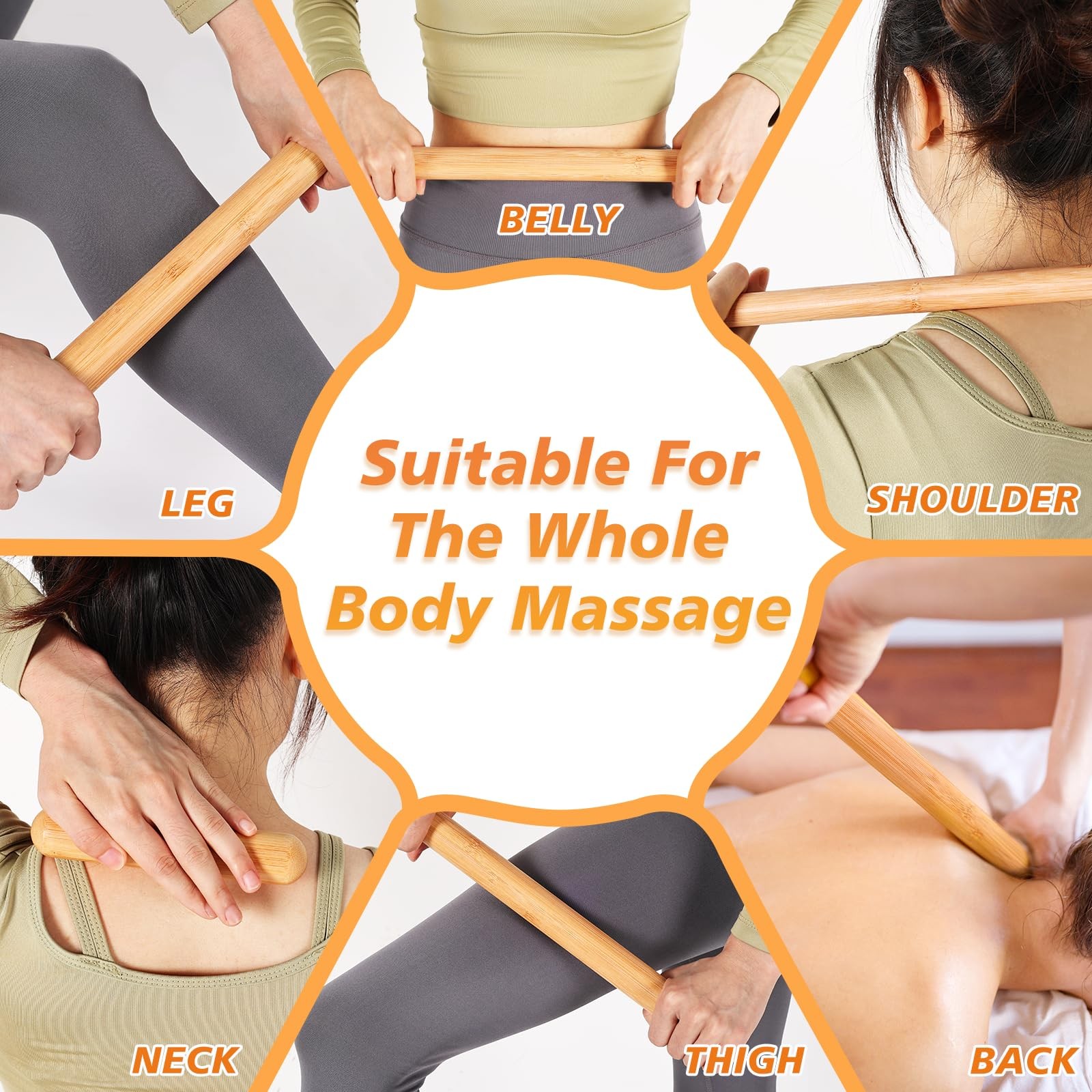 5Pcs Bamboo Massage Sticks Set, Guasha Sticks,Bamboo Natural Color