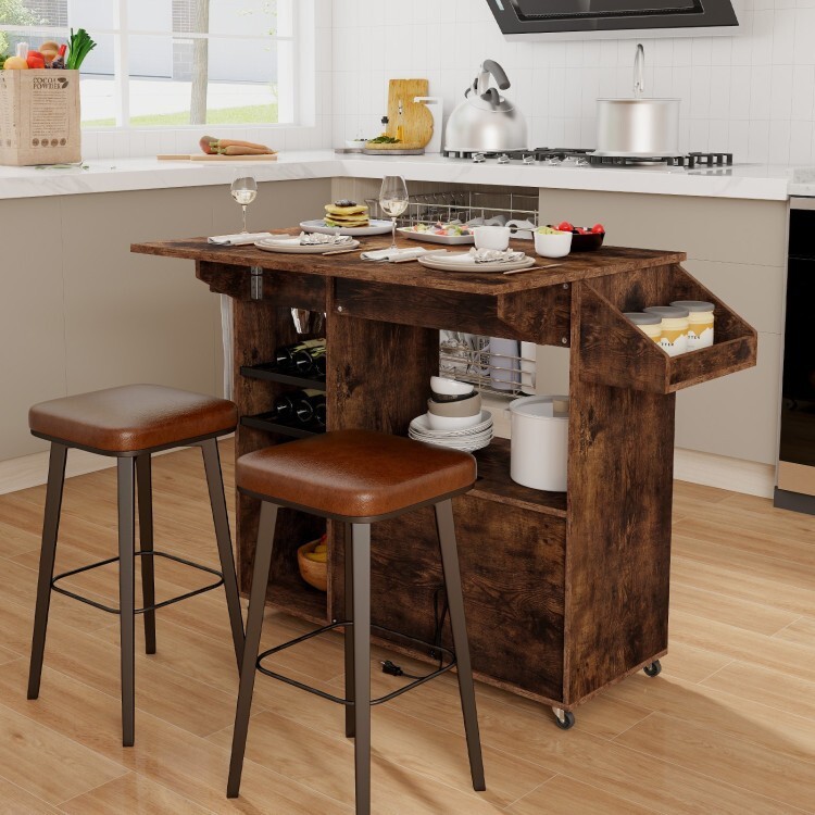 Multifunctional Drop-Leaf Kitchen Island Mobile Cart with 360° Rolling Casters