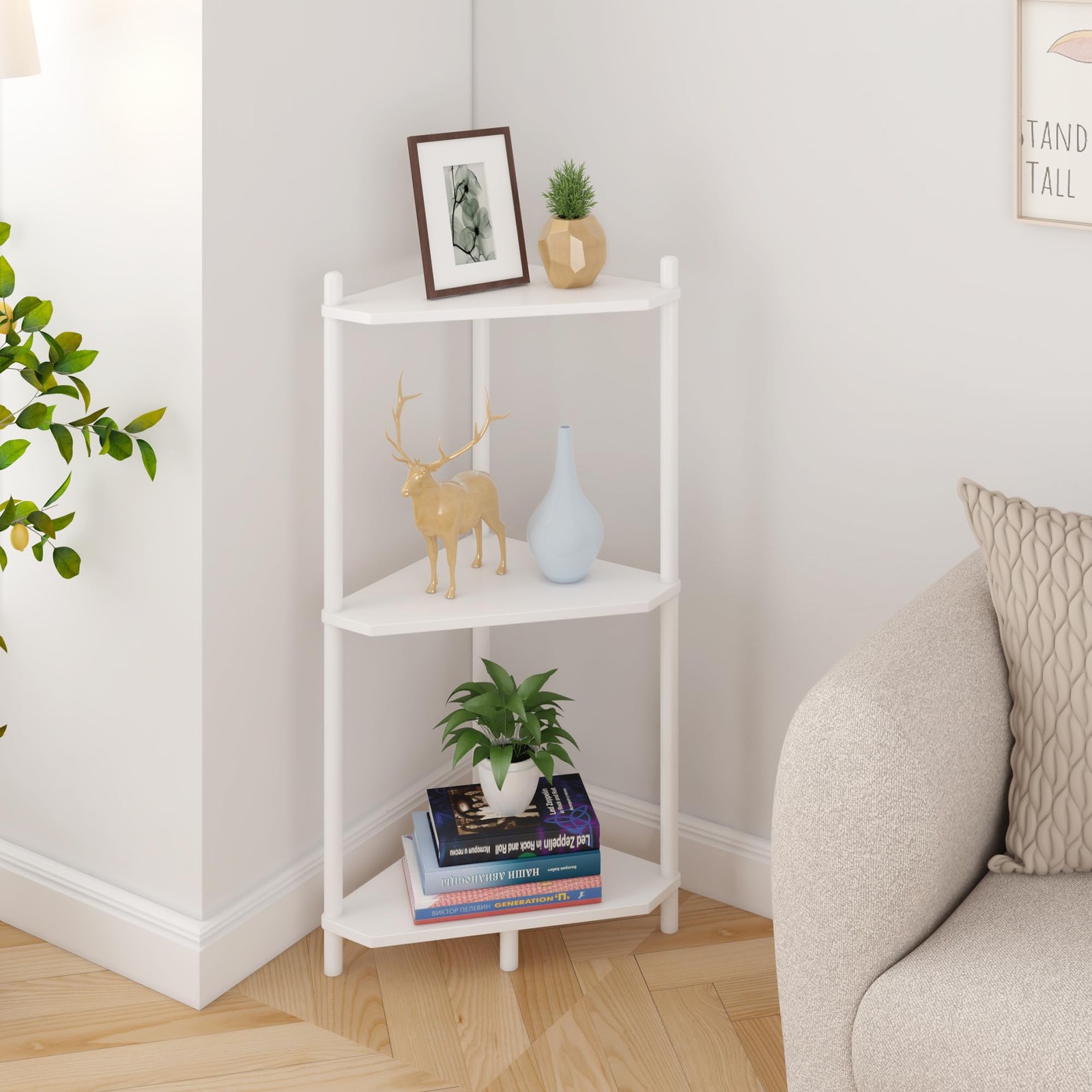 Corner Shelf Stand - 3 Tier Bamboo Small Corner Bookshelf for Office Kitchen ...