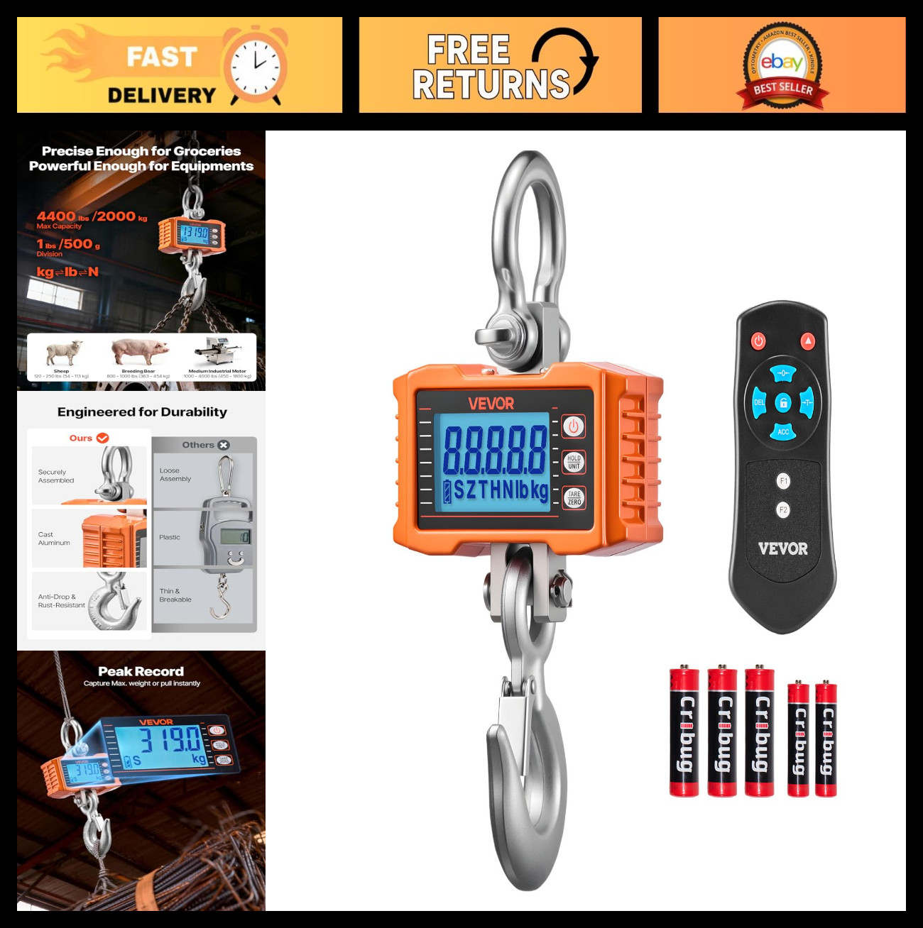 Heavy Duty Digital Crane Scale 4400 lbs Capacity, LCD Display, Remote Control, I