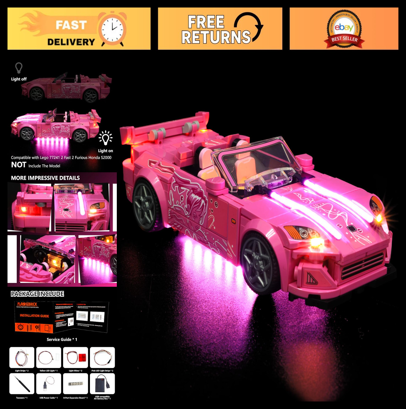LED Light Kit for Lego Speed Champions 2 Fast 2 Furious Honda S2000 77241 - Buil