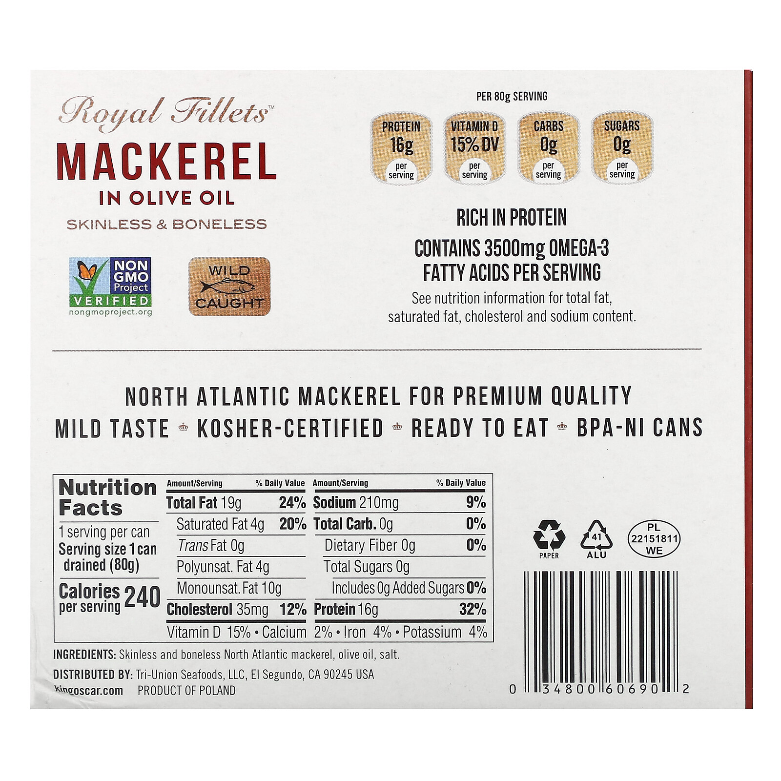 Royal Fillets, Mackerel In Olive Oil, 6 Pack, 4.05 oz (115 g) Each