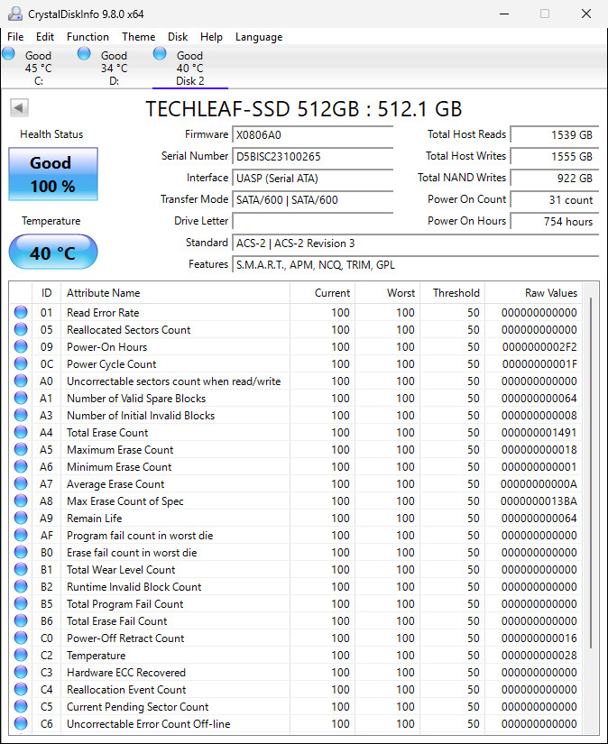 TechLeaf 512GB SSD 2.5'' SATA SSD Internal SSD - TECHLEAF-512G - 100% Health