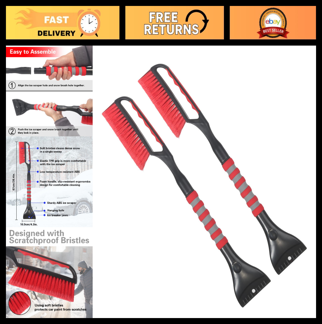 2-in-1 Snow Brush & Ice Scraper for Car Windshield - 26.4" Deicer Tool, 2 Pack