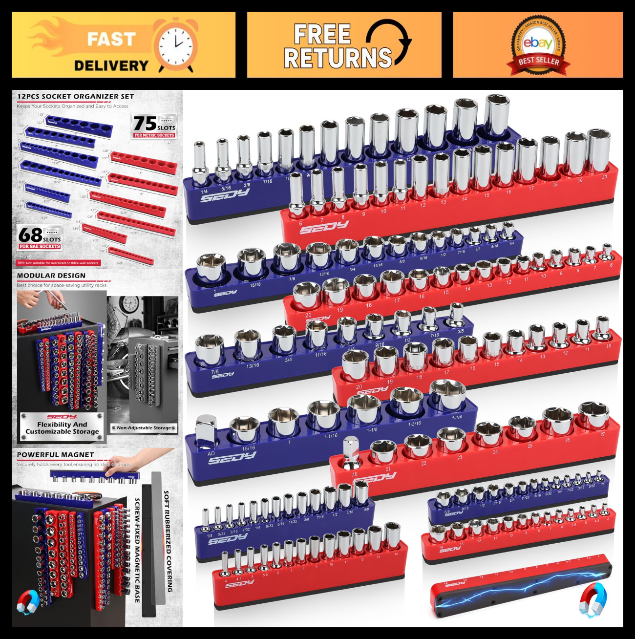 12-Piece Magnetic Socket Organizer Set - 1/4", 3/8", 1/2" Drive, Detachable Tool