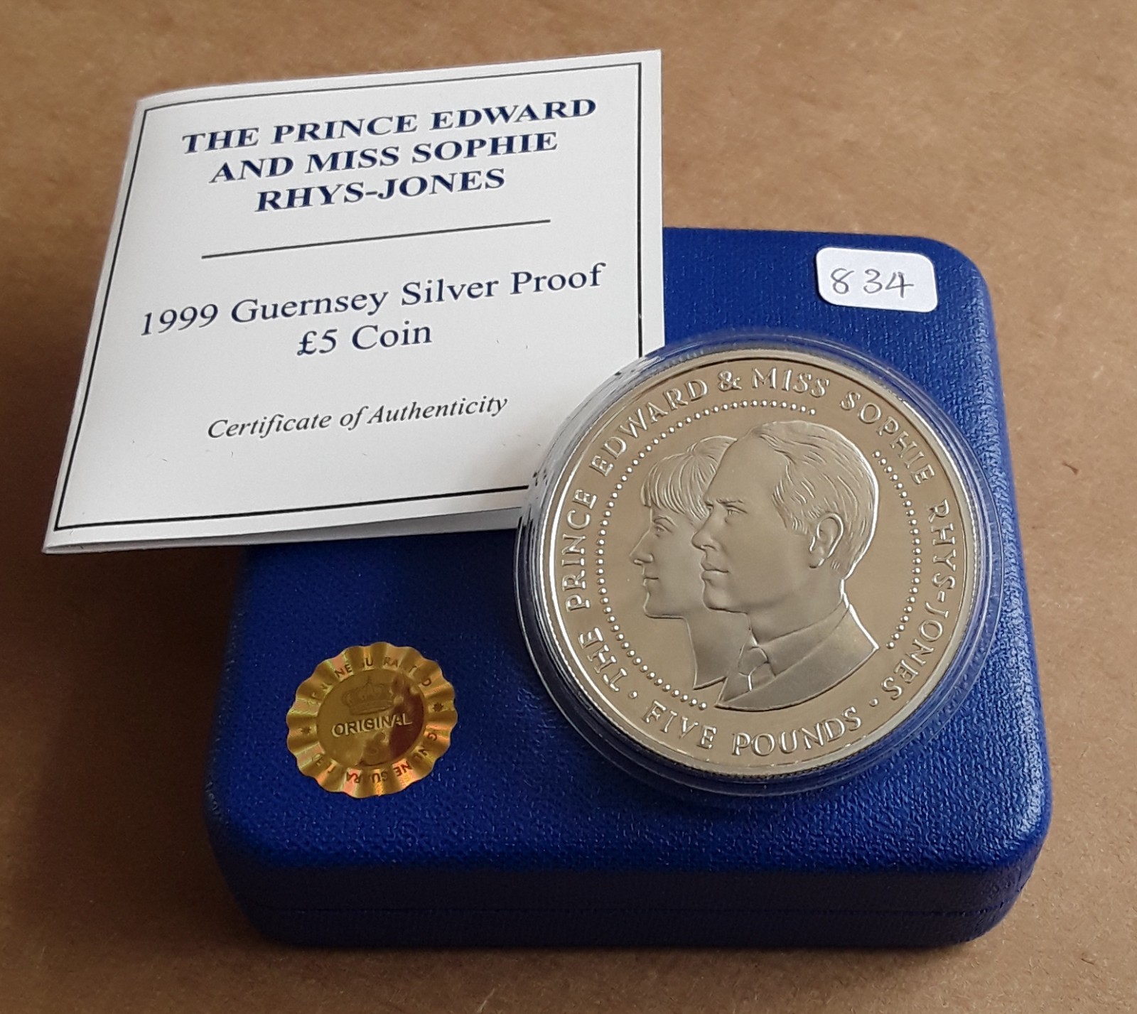 1999 GUERNSEY £5 SILVER PROOF 925 28g PRINCE EDWARD/MISS SOPIE WEDDING BOX-COA