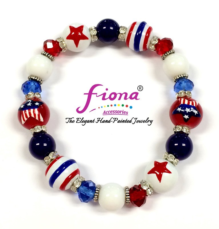 Red White Blue Bracelet USA American Star Patriotic Beaded Stretch Bracelet