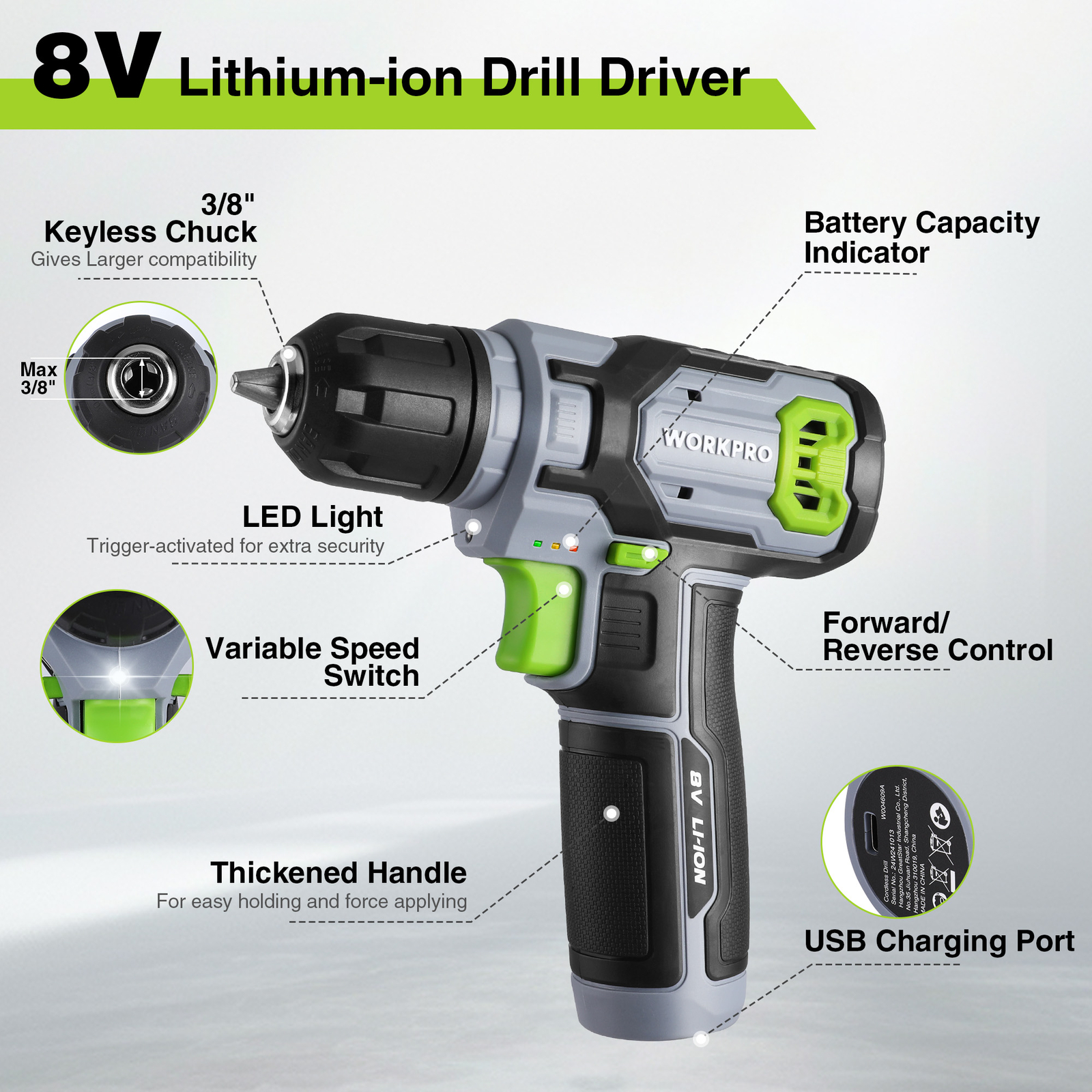8V Cordless Power Drill Set&Stackable Tool Box w/3/8" Keyless Chuck
