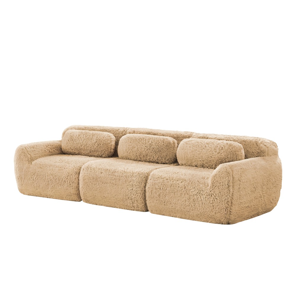 114'' Modular Sectional Sofa w/ Ottoman & Pillows, Plush Fabric, Light Khaki