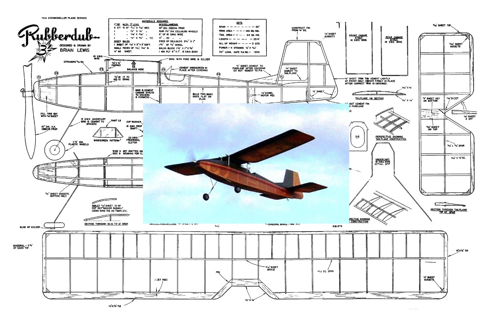 Model Airplane Plans (FF): RUBBERDUB 30" Wingspan Parasol Rubber-Powered